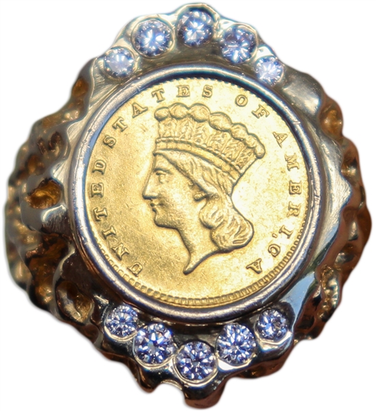 Elvis Presleys Diamond Ring With Inset of an 1859 Dollar Coin -- Includes LOA From Dave Hebler